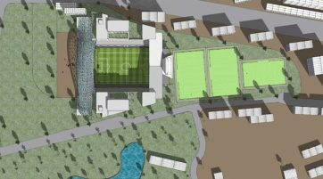 Une projection du site de Mascaux à Jambes intégrant un stade avec de l’habitat, du commerce et des loisirs. ©urn